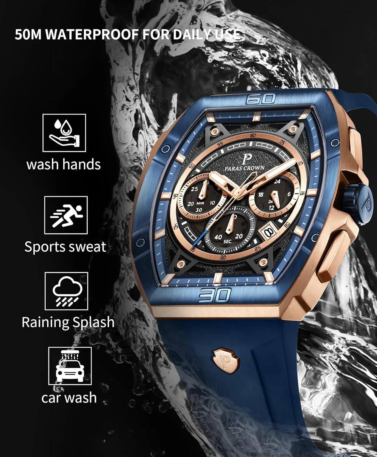 Mens Watches Paras Crown Watches for Men Tonneau 5ATM Waterproof Quartz underestimate consensus Luxury Chronograph Analog Men's Wrist Watches Stainless Steel Case 