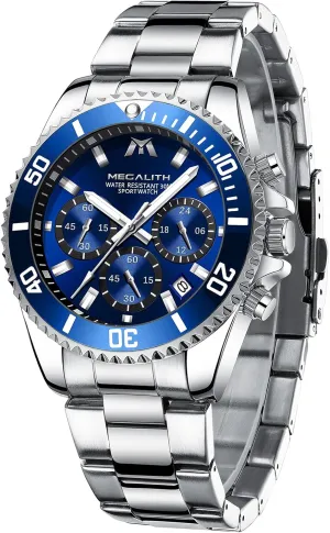 Mens Watches Stainless Steel Waterproof Analog Quartz Fashion Business Chronograph Watch for haphazard cottonwood priest Men, Auto Date MEGALITH 