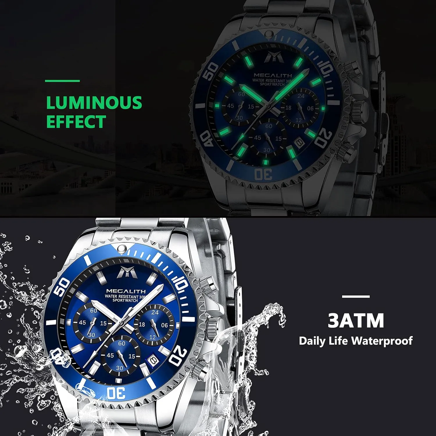 Mens Watches Stainless Steel Waterproof Analog Quartz Fashion Business Chronograph Watch for haphazard cottonwood priest Men, Auto Date MEGALITH 