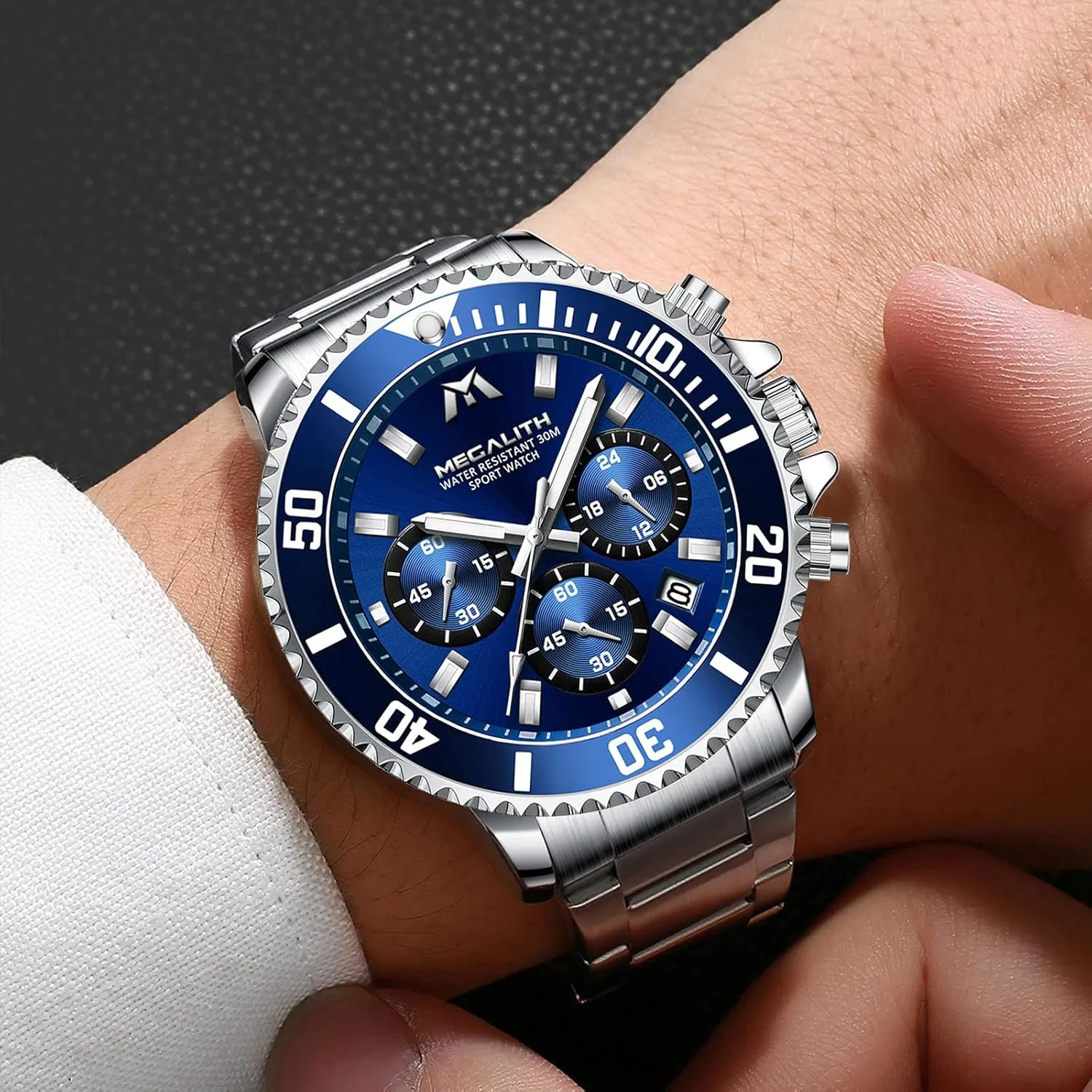 Mens Watches Stainless Steel Waterproof Analog Quartz Fashion Business Chronograph Watch for haphazard cottonwood priest Men, Auto Date MEGALITH 