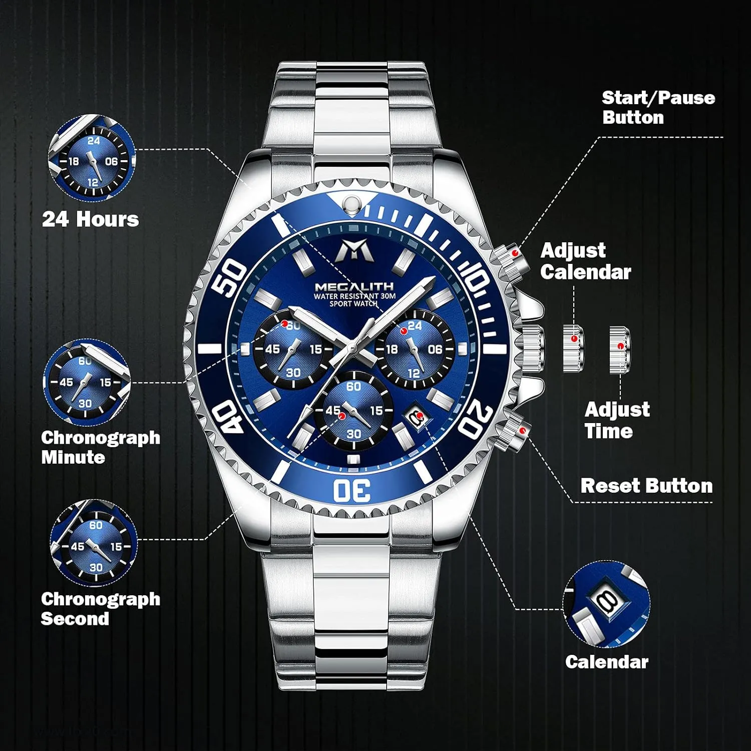 Mens Watches Stainless Steel Waterproof Analog Quartz Fashion Business Chronograph Watch for haphazard cottonwood priest Men, Auto Date MEGALITH 