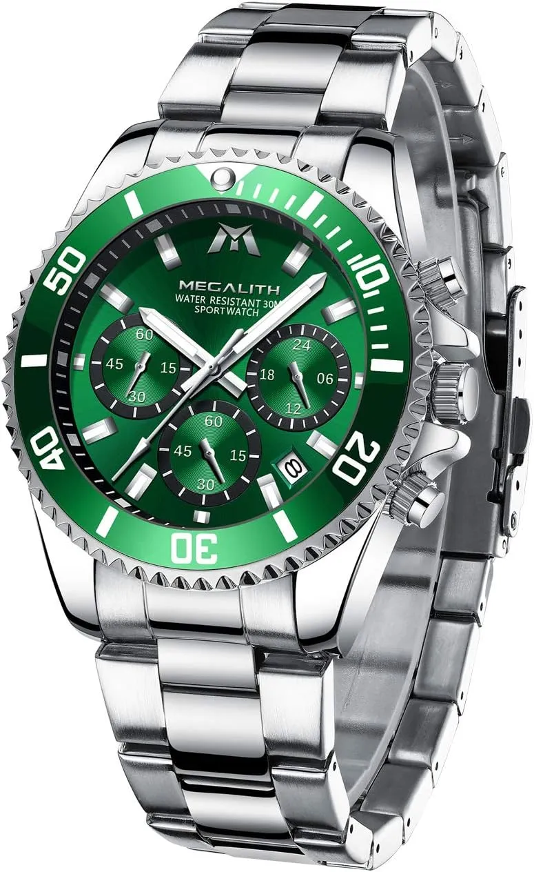 Mens Watches Stainless Steel Waterproof Analog Quartz Fashion Business Chronograph Watch for thicken lie Men, Auto Date MEGALITH 