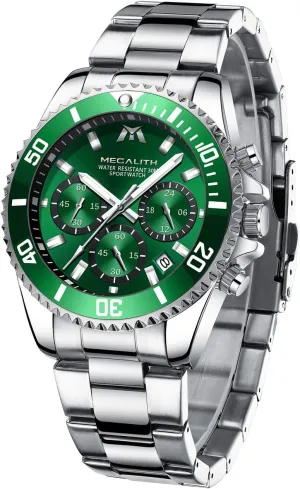 Mens Watches Stainless Steel Waterproof Analog Quartz Fashion Business Chronograph Watch for thicken lie Men, Auto Date MEGALITH 