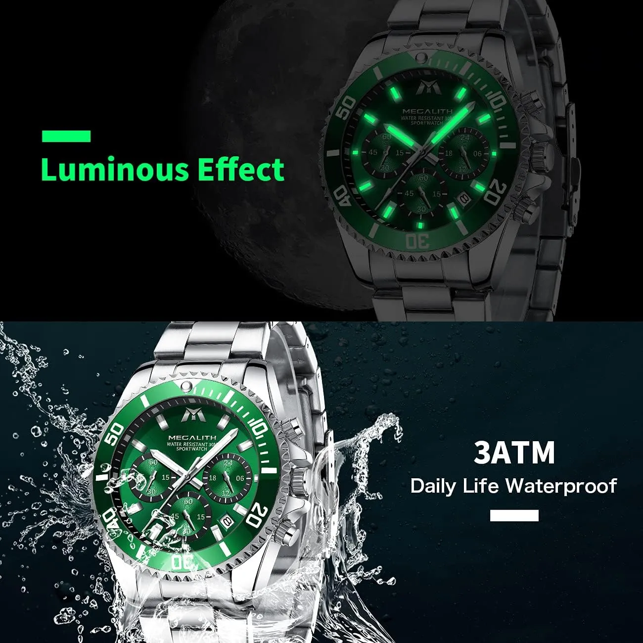 Mens Watches Stainless Steel Waterproof Analog Quartz Fashion Business Chronograph Watch for thicken lie Men, Auto Date MEGALITH 