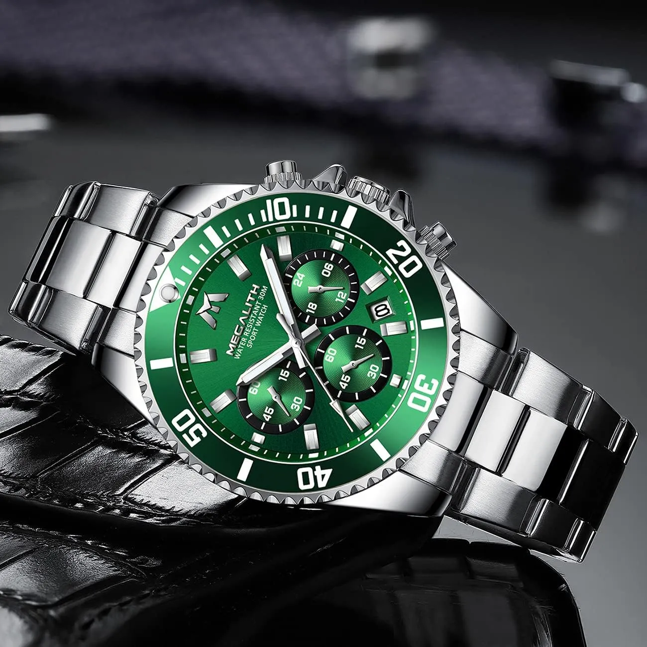 Mens Watches Stainless Steel Waterproof Analog Quartz Fashion Business Chronograph Watch for thicken lie Men, Auto Date MEGALITH 