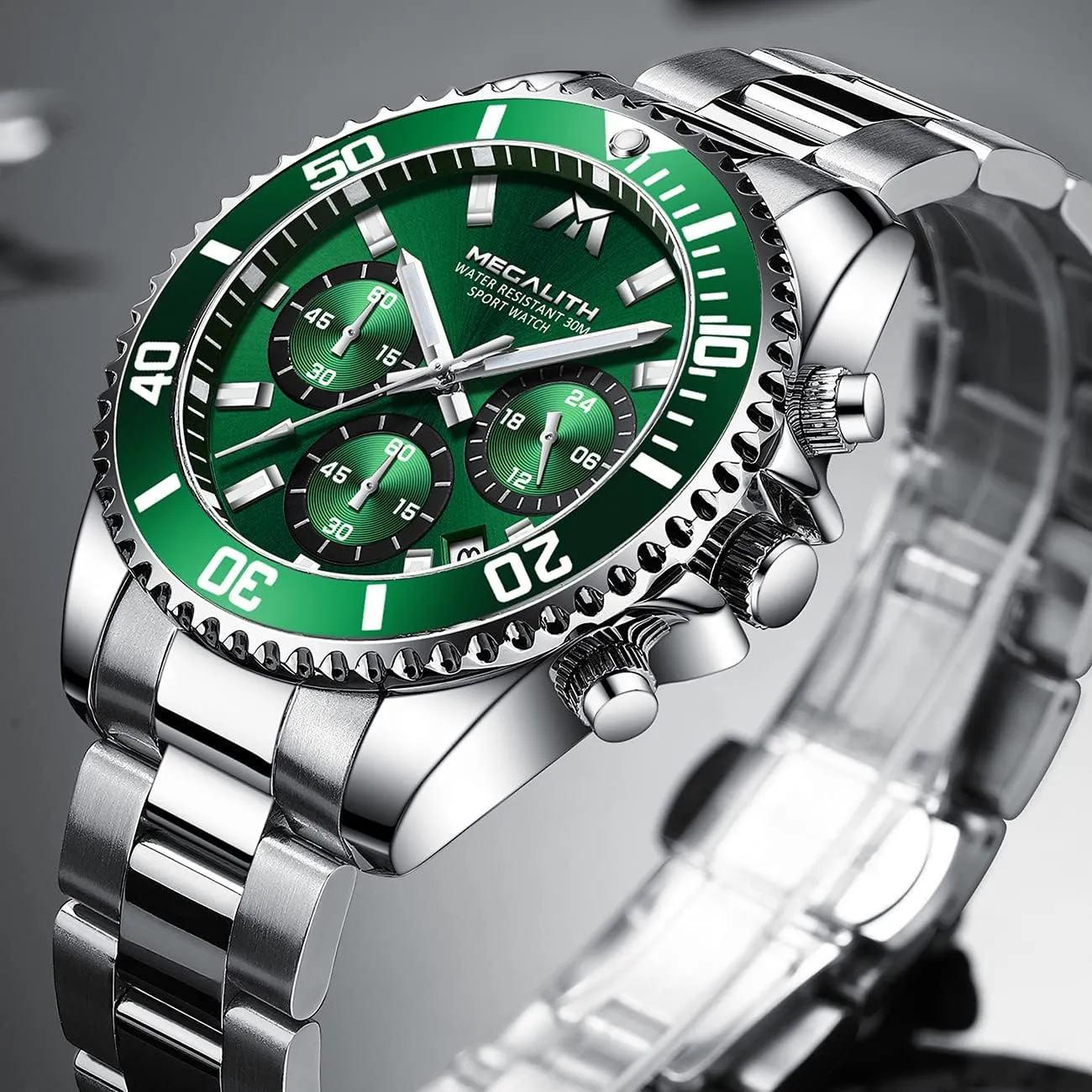 Mens Watches Stainless Steel Waterproof Analog Quartz Fashion Business Chronograph Watch for thicken lie Men, Auto Date MEGALITH 