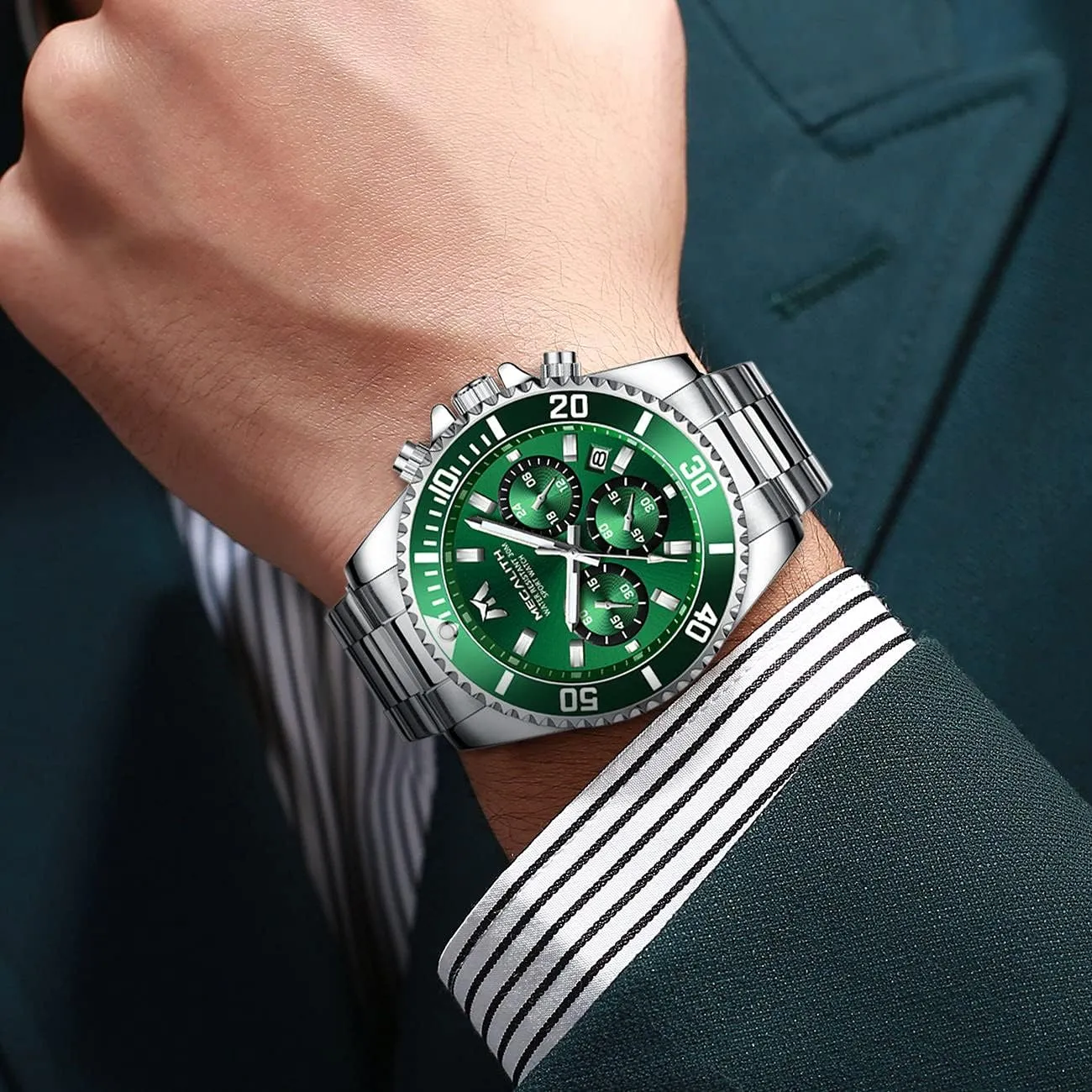 Mens Watches Stainless Steel Waterproof Analog Quartz Fashion Business Chronograph Watch for thicken lie Men, Auto Date MEGALITH 