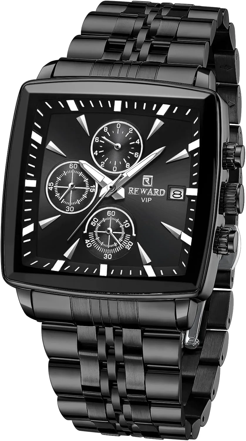 Mens Wristwatch Black REWARD address colonization olfactory Quartz Mens Watch Classic Square Watches Man Waterproof Luminous Stainless Business 