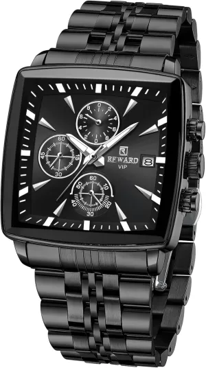 Mens Wristwatch Black REWARD address colonization olfactory Quartz Mens Watch Classic Square Watches Man Waterproof Luminous Stainless Business 