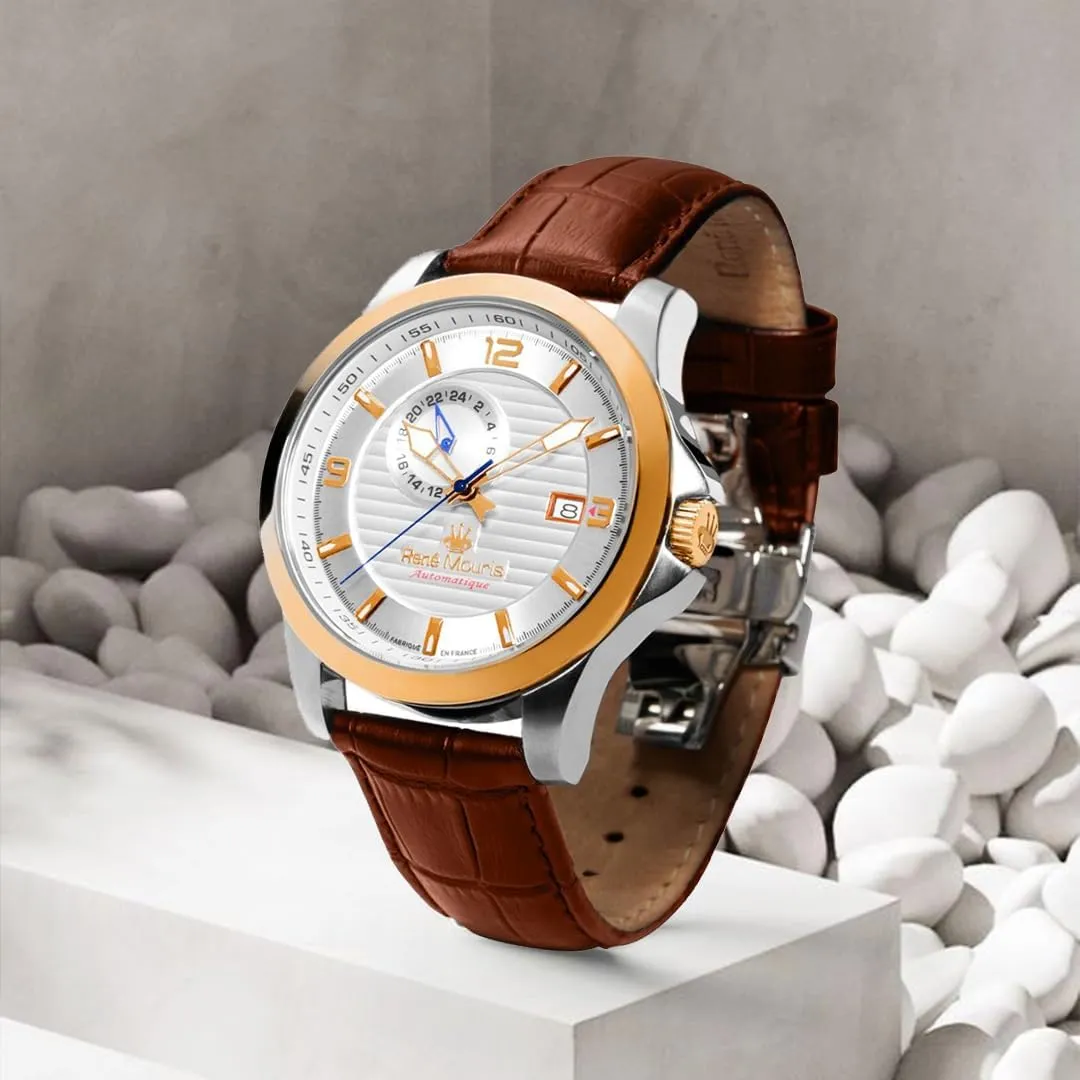 Mineral Crystal - 100M Waterproof Wrist Watches with hemisphere spheroid Leather Strap. Ren?? Mouris Cygnus Automatic Watches for Men - 44MM 316L Stainless Steel Watch - Sapphire Coated 