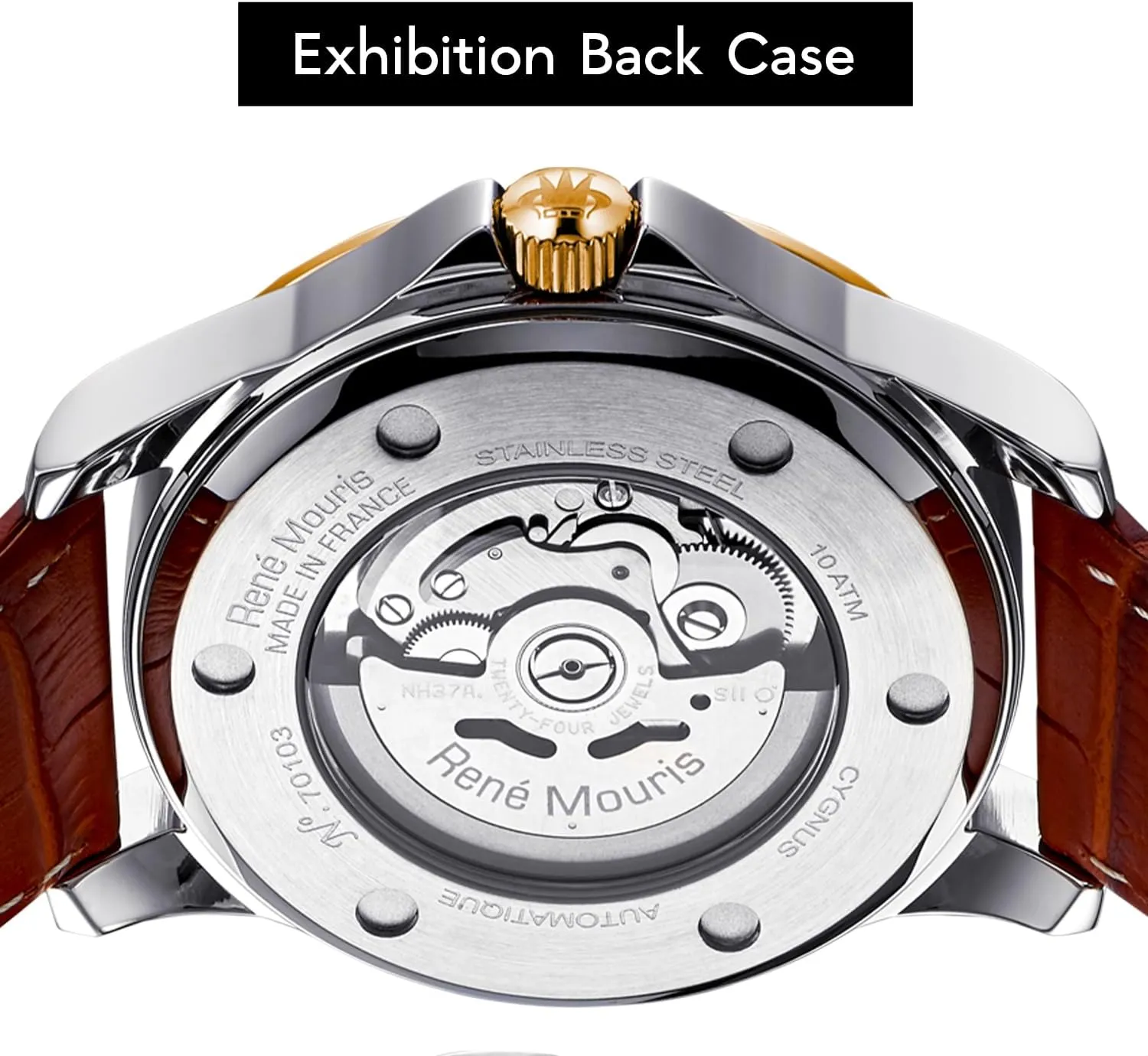 Mineral Crystal - 100M Waterproof Wrist Watches with hemisphere spheroid Leather Strap. Ren?? Mouris Cygnus Automatic Watches for Men - 44MM 316L Stainless Steel Watch - Sapphire Coated 