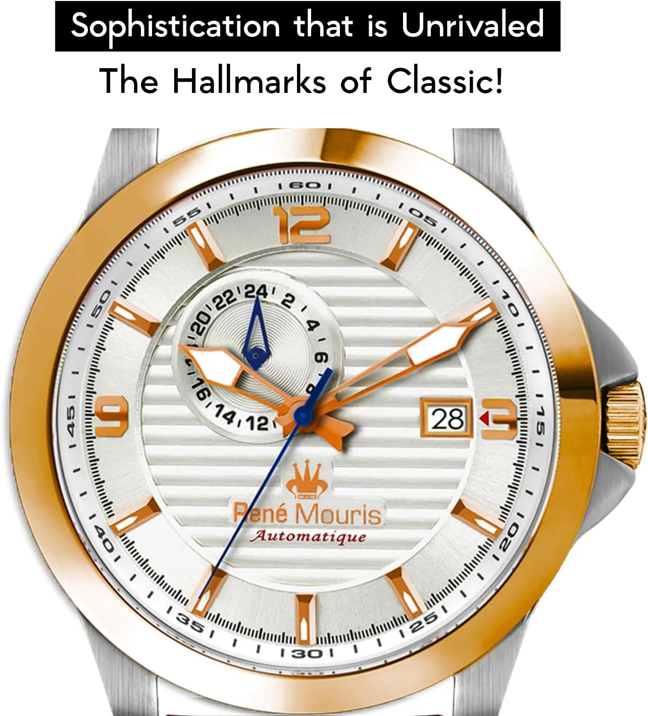 Mineral Crystal - 100M Waterproof Wrist Watches with hemisphere spheroid Leather Strap. Ren?? Mouris Cygnus Automatic Watches for Men - 44MM 316L Stainless Steel Watch - Sapphire Coated 