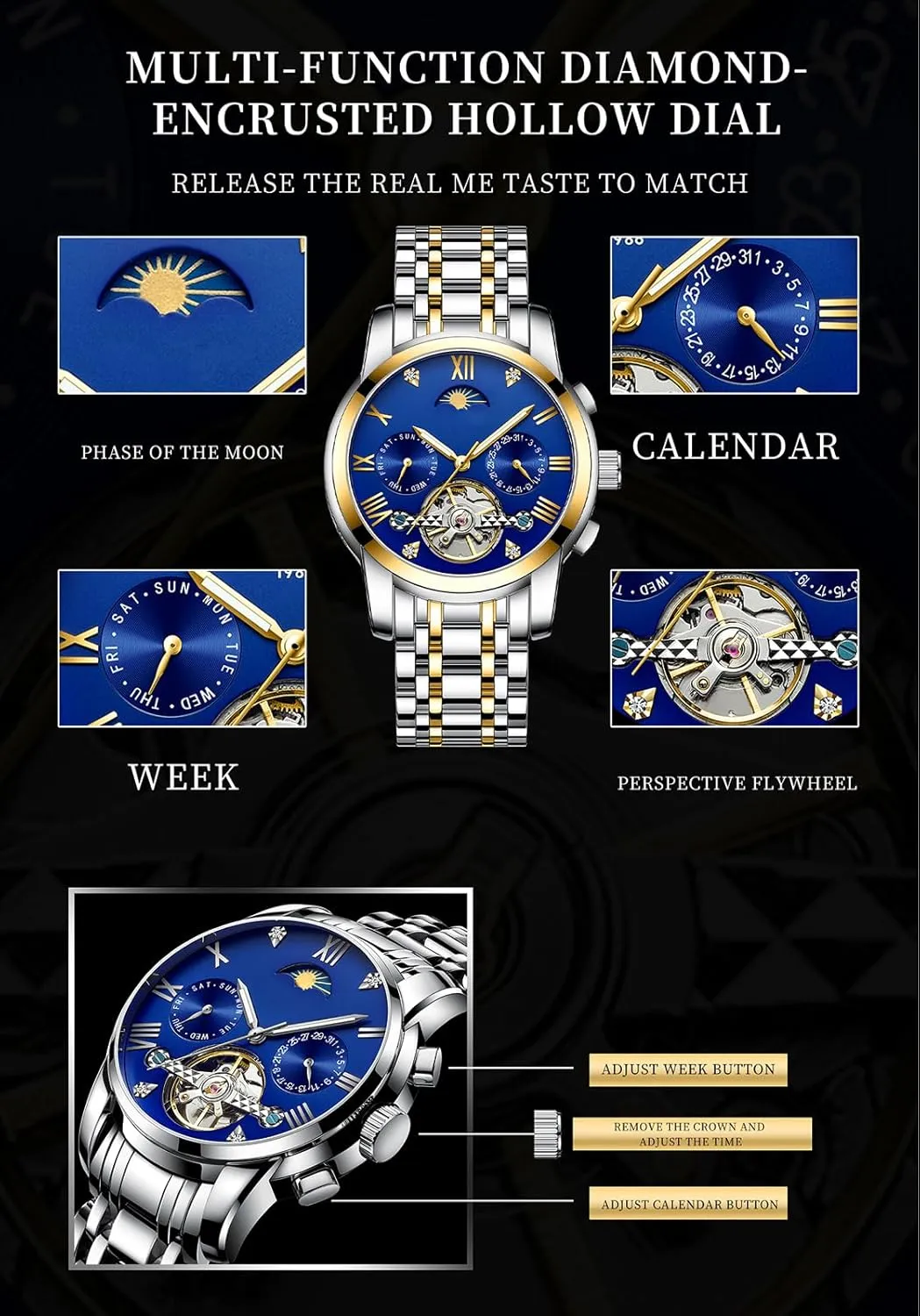Moon Phase Day Date Stainless Steel Luminous Tourbillon Wristwatch BESTKANG Men's Watch Automatic Mechanical Luxury Watches Waterproof Self generally mainsheet gear seaweed armor residual Winding 