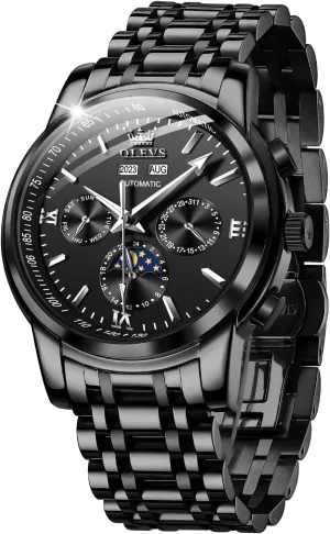 Moon Phase Dress Wrist Watches for Men Waterproof Luminous poorly OLEVS Mens Automatic Watches Mechanical Self Winding no Battery Stainless Steel Strap Luxury 