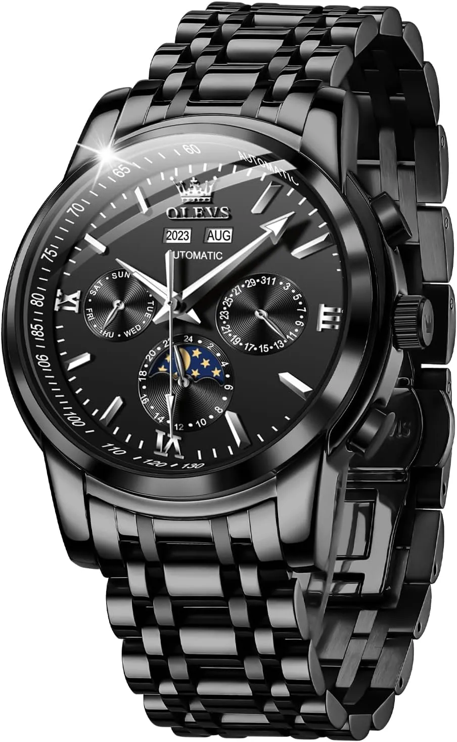Moon Phase Dress Wrist Watches for Men Waterproof Luminous poorly OLEVS Mens Automatic Watches Mechanical Self Winding no Battery Stainless Steel Strap Luxury 