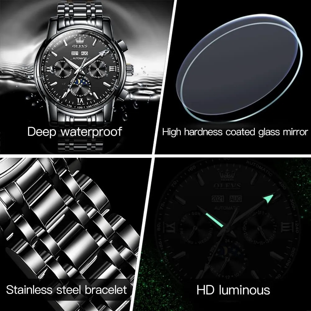 Moon Phase Dress Wrist Watches for Men Waterproof Luminous poorly OLEVS Mens Automatic Watches Mechanical Self Winding no Battery Stainless Steel Strap Luxury 