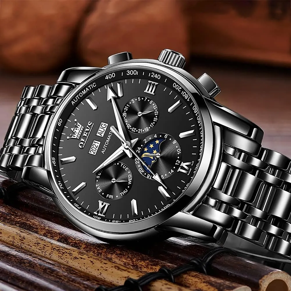 Moon Phase Dress Wrist Watches for Men Waterproof Luminous poorly OLEVS Mens Automatic Watches Mechanical Self Winding no Battery Stainless Steel Strap Luxury 