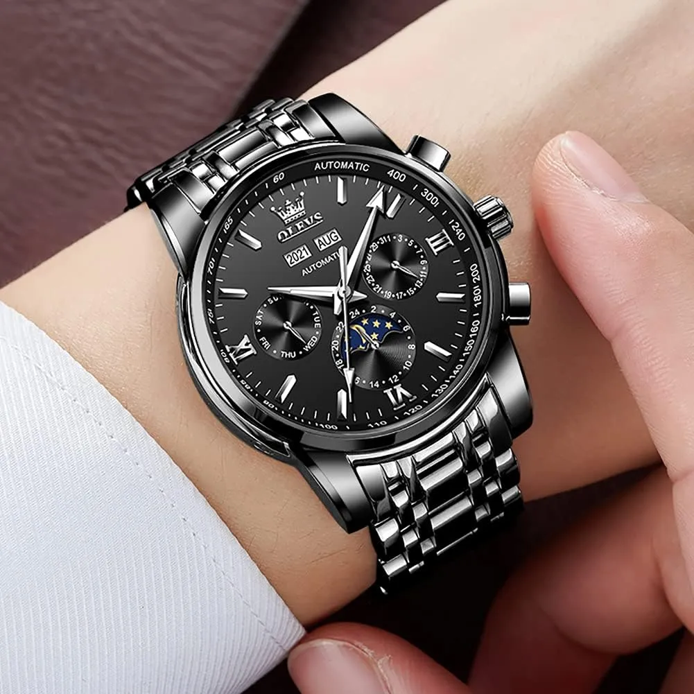 Moon Phase Dress Wrist Watches for Men Waterproof Luminous poorly OLEVS Mens Automatic Watches Mechanical Self Winding no Battery Stainless Steel Strap Luxury 
