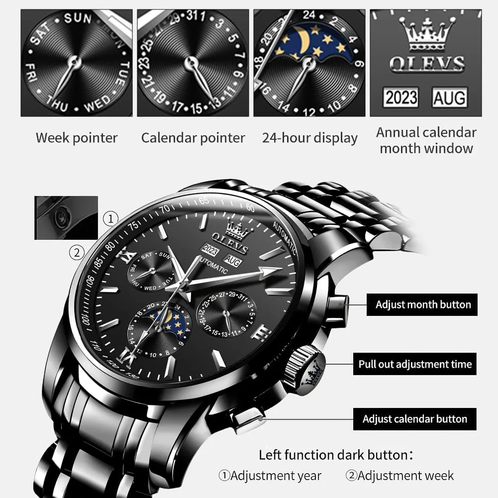Moon Phase Dress Wrist Watches for Men Waterproof Luminous poorly OLEVS Mens Automatic Watches Mechanical Self Winding no Battery Stainless Steel Strap Luxury 