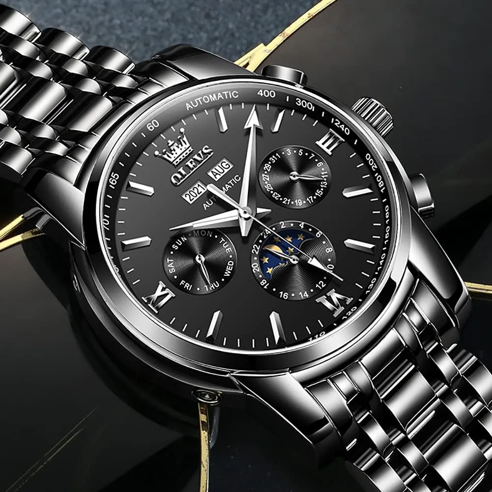 Moon Phase Dress Wrist Watches for Men Waterproof Luminous poorly OLEVS Mens Automatic Watches Mechanical Self Winding no Battery Stainless Steel Strap Luxury 