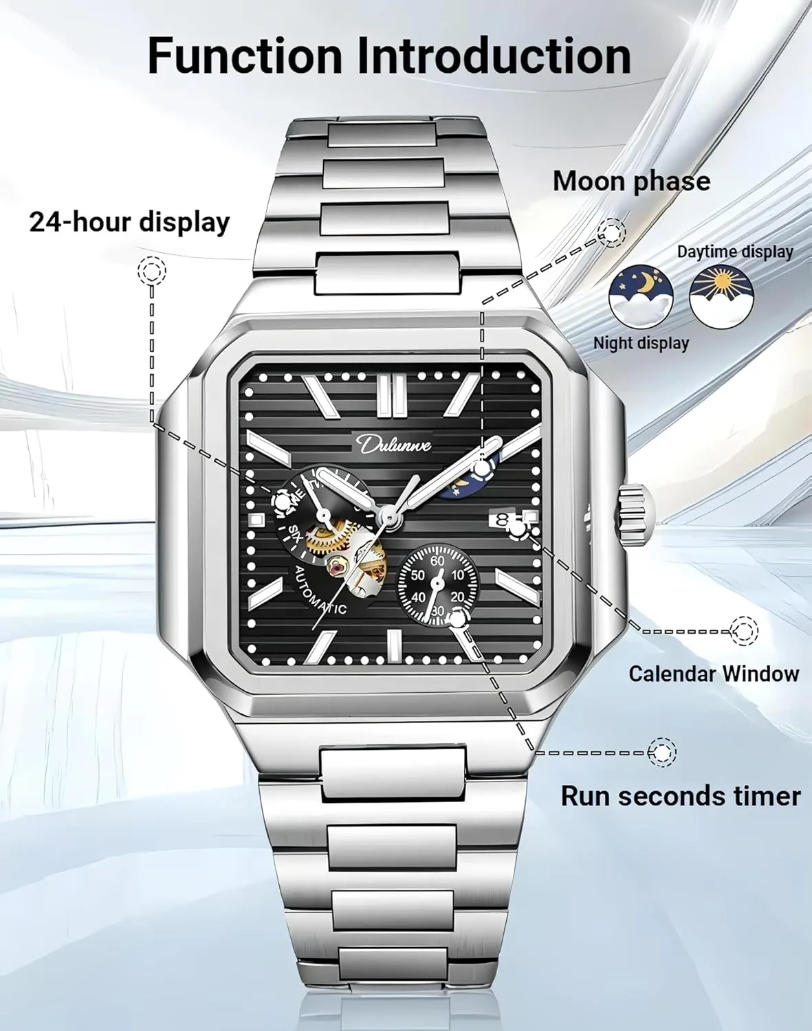 Moon Phase Run Seconds Timer Waterproof Luminous Wristwatch Automatic Hollow Watches for Men Square location terrifyingly Skeleton Watch Stainless Steel/Leather Self- Winding Mechanical Watch 