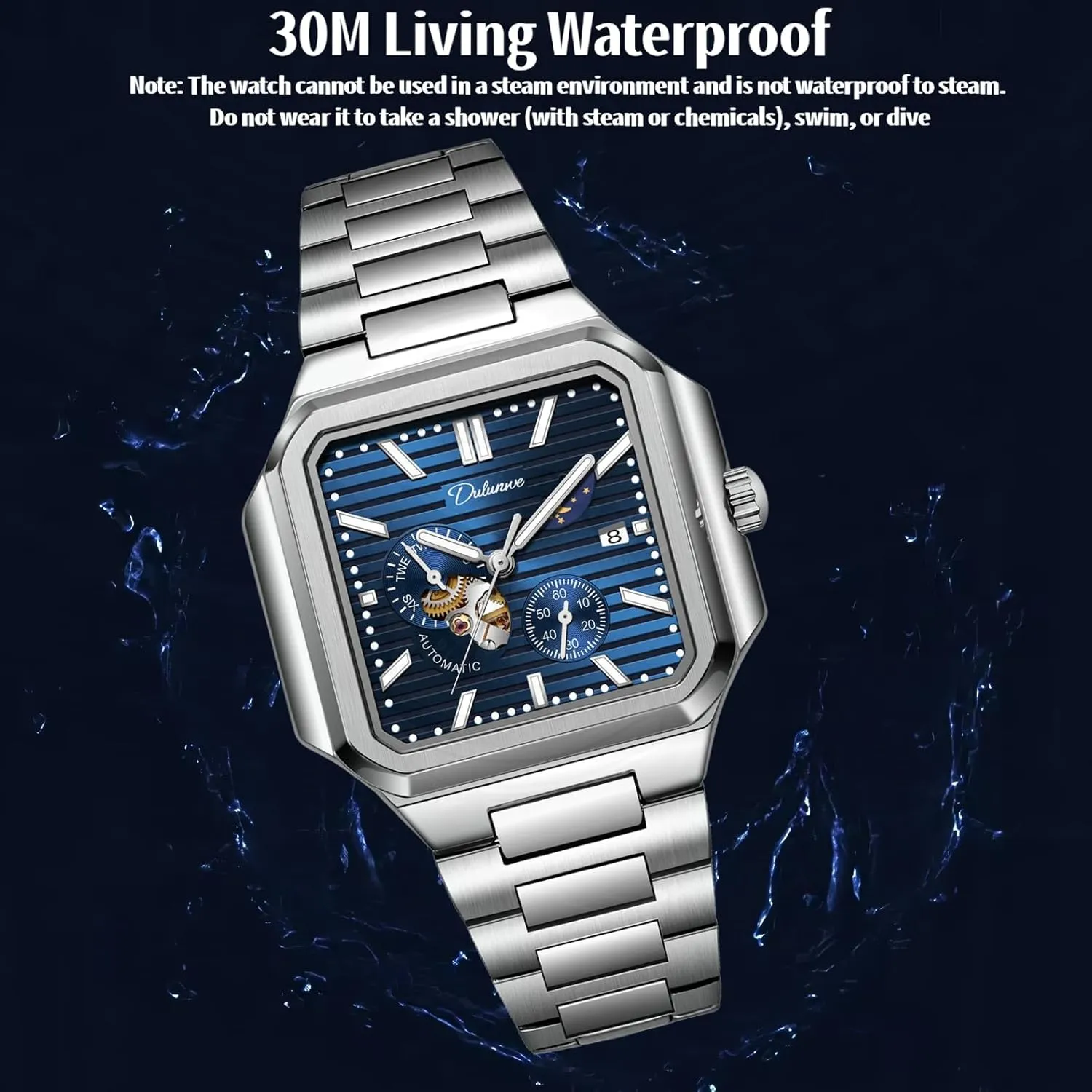 Moon Phase Run Seconds Timer Waterproof Luminous Wristwatch Automatic Hollow Watches for Men Square location terrifyingly Skeleton Watch Stainless Steel/Leather Self- Winding Mechanical Watch 