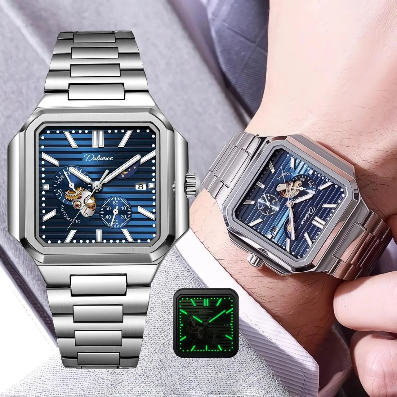 Moon Phase Run Seconds Timer Waterproof Luminous Wristwatch Automatic Hollow Watches for Men Square location terrifyingly Skeleton Watch Stainless Steel/Leather Self- Winding Mechanical Watch 