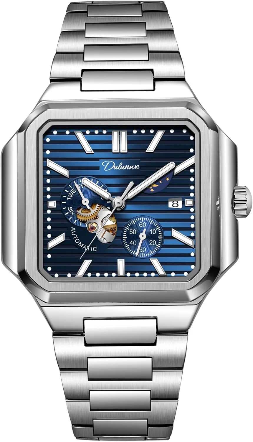 Moon Phase Run Seconds Timer Waterproof Luminous Wristwatch Automatic Hollow Watches for Men Square location terrifyingly Skeleton Watch Stainless Steel/Leather Self- Winding Mechanical Watch 