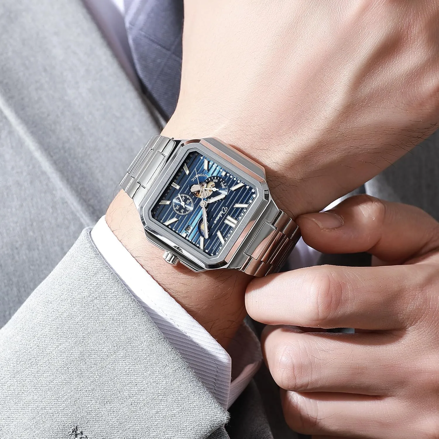 Moon Phase Run Seconds Timer Waterproof Luminous Wristwatch Automatic Hollow Watches for Men Square location terrifyingly Skeleton Watch Stainless Steel/Leather Self- Winding Mechanical Watch 