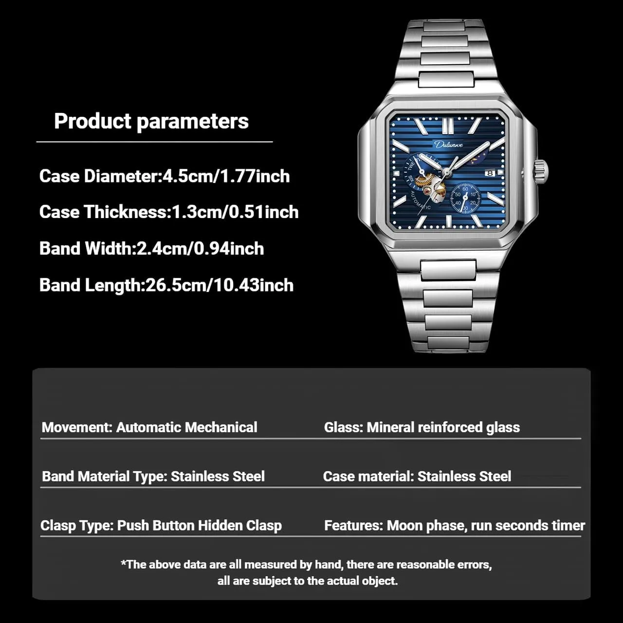 Moon Phase Run Seconds Timer Waterproof Luminous Wristwatch Automatic Hollow Watches for Men Square location terrifyingly Skeleton Watch Stainless Steel/Leather Self- Winding Mechanical Watch 
