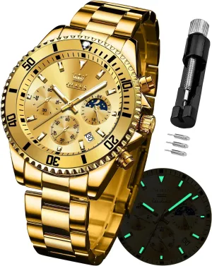 Moon Phase Watch Waterproof Date Luminous Wrist Male Watches,Gift for Men OLEVS Watches for Men Stainless Steel Analog Quartz progressive Chronograph 