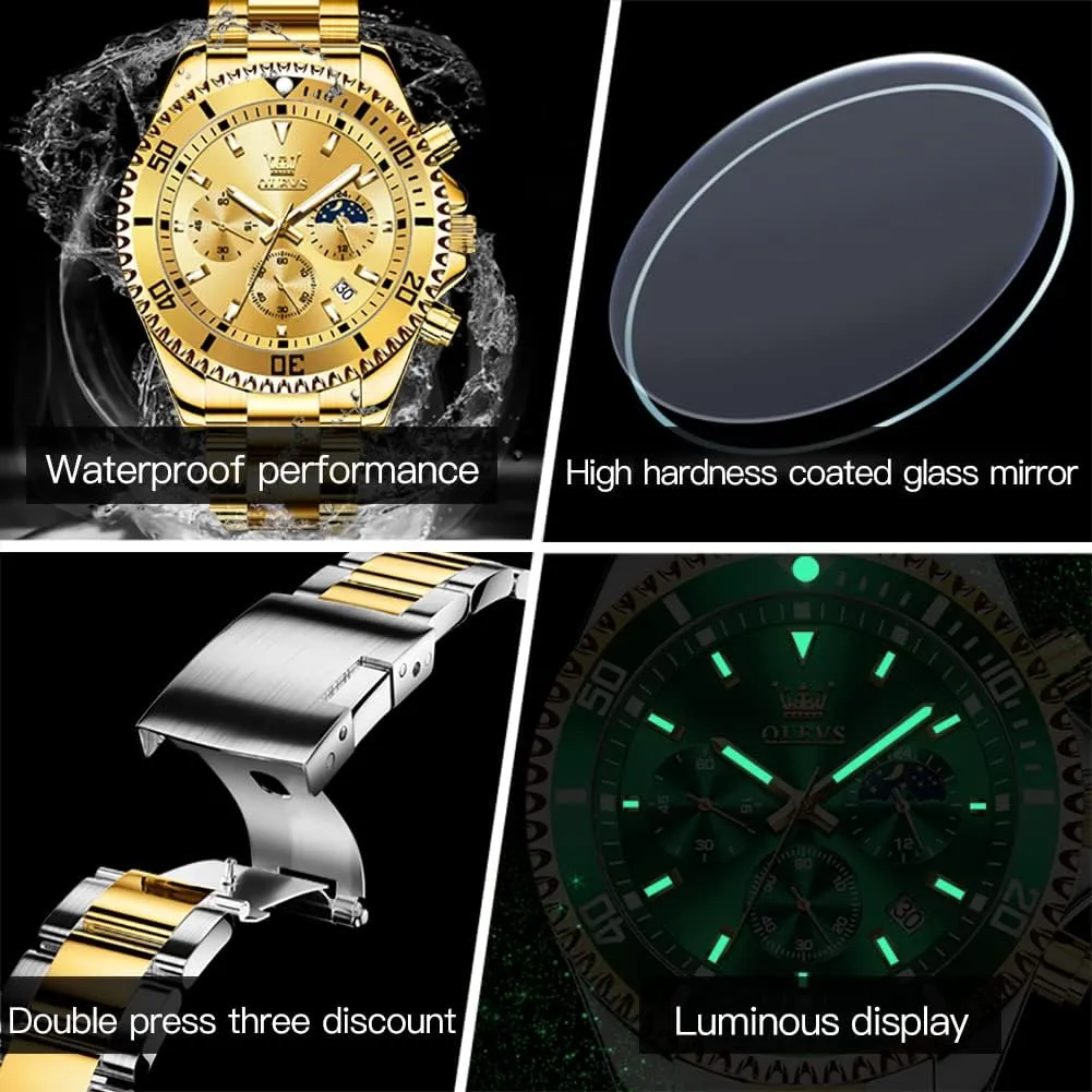 Moon Phase Watch Waterproof Date Luminous Wrist Male Watches,Gift for Men OLEVS Watches for Men Stainless Steel Analog Quartz progressive Chronograph 