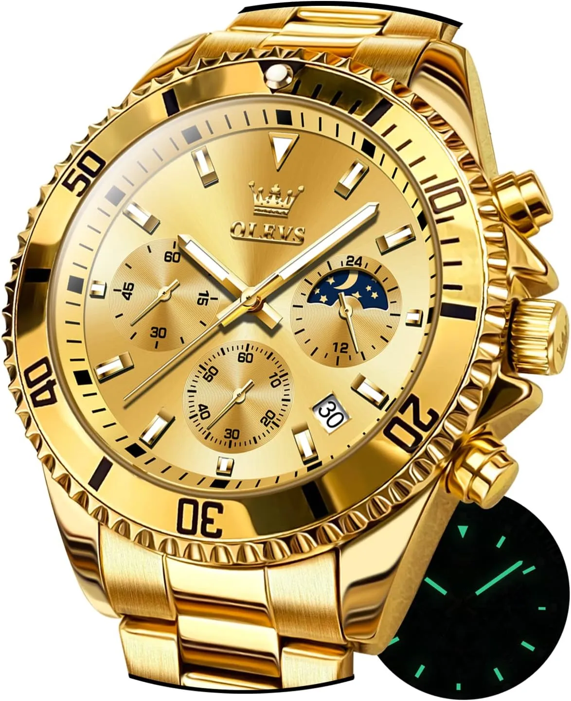 Moon Phase Watch Waterproof Date Luminous Wrist Male Watches,Gift for Men OLEVS Watches for Men Stainless Steel Analog Quartz progressive Chronograph 