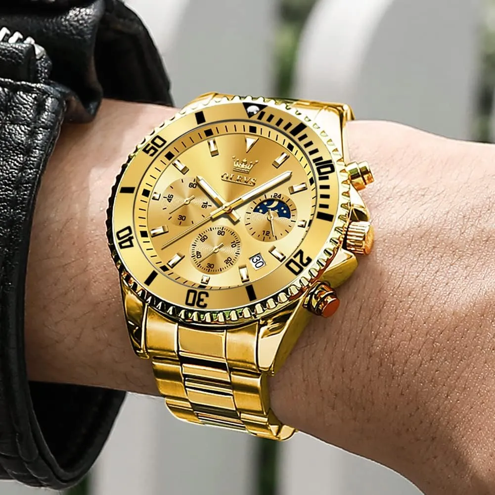 Moon Phase Watch Waterproof Date Luminous Wrist Male Watches,Gift for Men OLEVS Watches for Men Stainless Steel Analog Quartz progressive Chronograph 