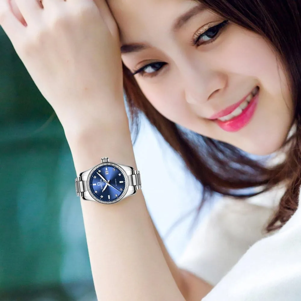 motivation endeavor expertise reverently manageable Americana Dial Stainless Steel Bracelet Sapphire Crystal Date Mechanical Watches PASOY Women's Elegant Automatic Watch Rose Gold Blue 