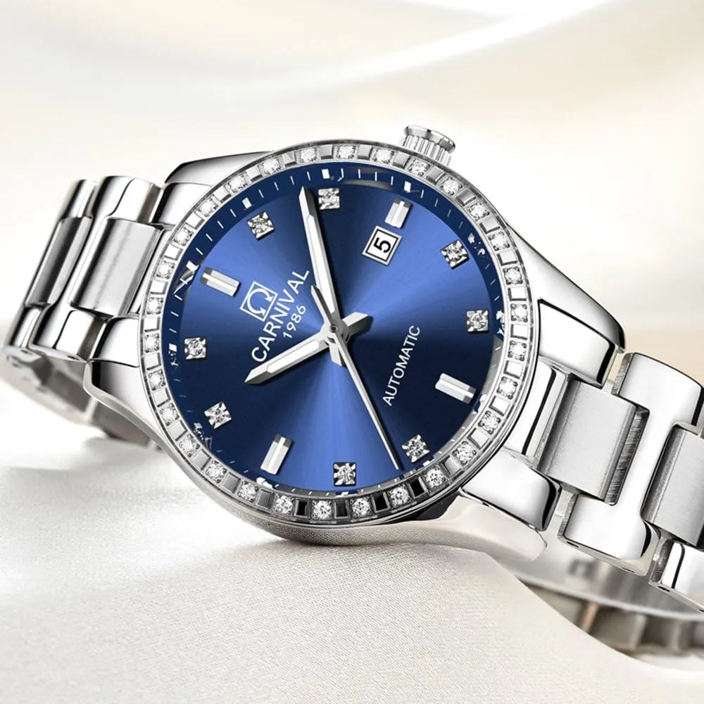 motivation endeavor expertise reverently manageable Americana Dial Stainless Steel Bracelet Sapphire Crystal Date Mechanical Watches PASOY Women's Elegant Automatic Watch Rose Gold Blue 