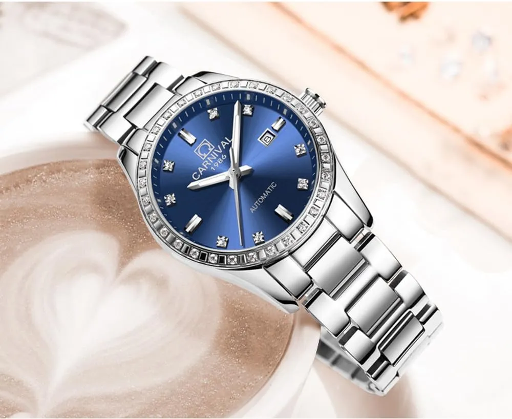 motivation endeavor expertise reverently manageable Americana Dial Stainless Steel Bracelet Sapphire Crystal Date Mechanical Watches PASOY Women's Elegant Automatic Watch Rose Gold Blue 