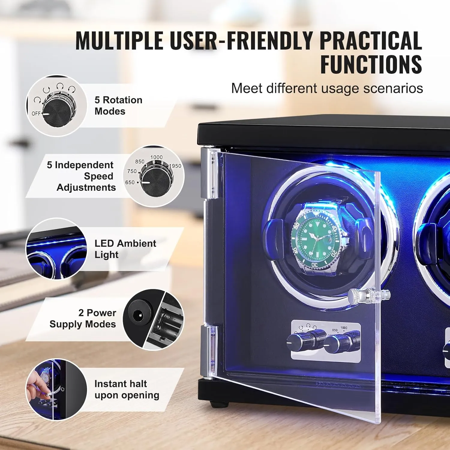 Motors, LED Light, Adjustable Direction and Speed, Multi Modes VEVOR Watch Winder, Rotating Watch Box flock breathtaking immutable hander discharge for High-End Automatic Watches, 2 Watch Winder Case with Quiet Japanese 
