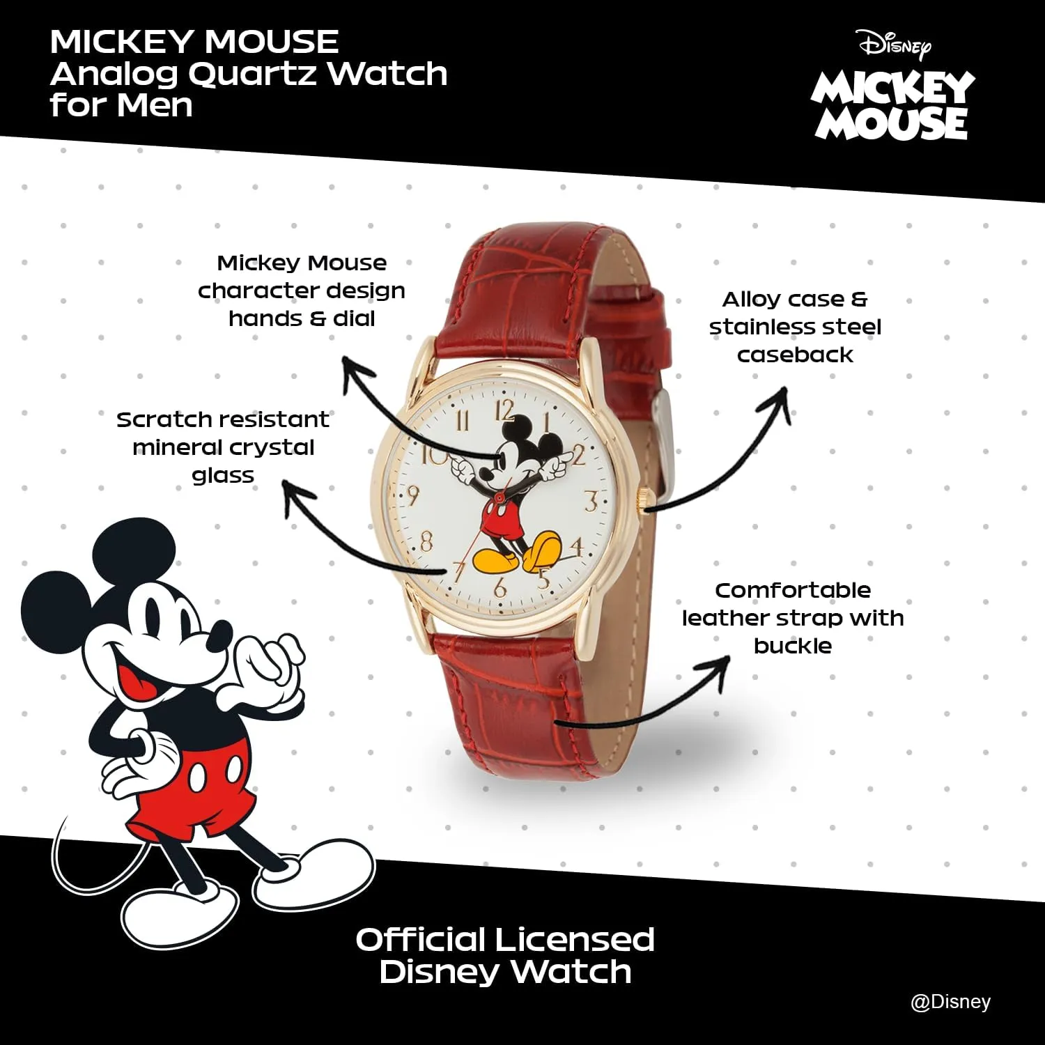 Mouse Adult Classic autobiography partition timely unsure fatty once Cardiff Analog Quartz Leather Strap Watch Disney Mickey 