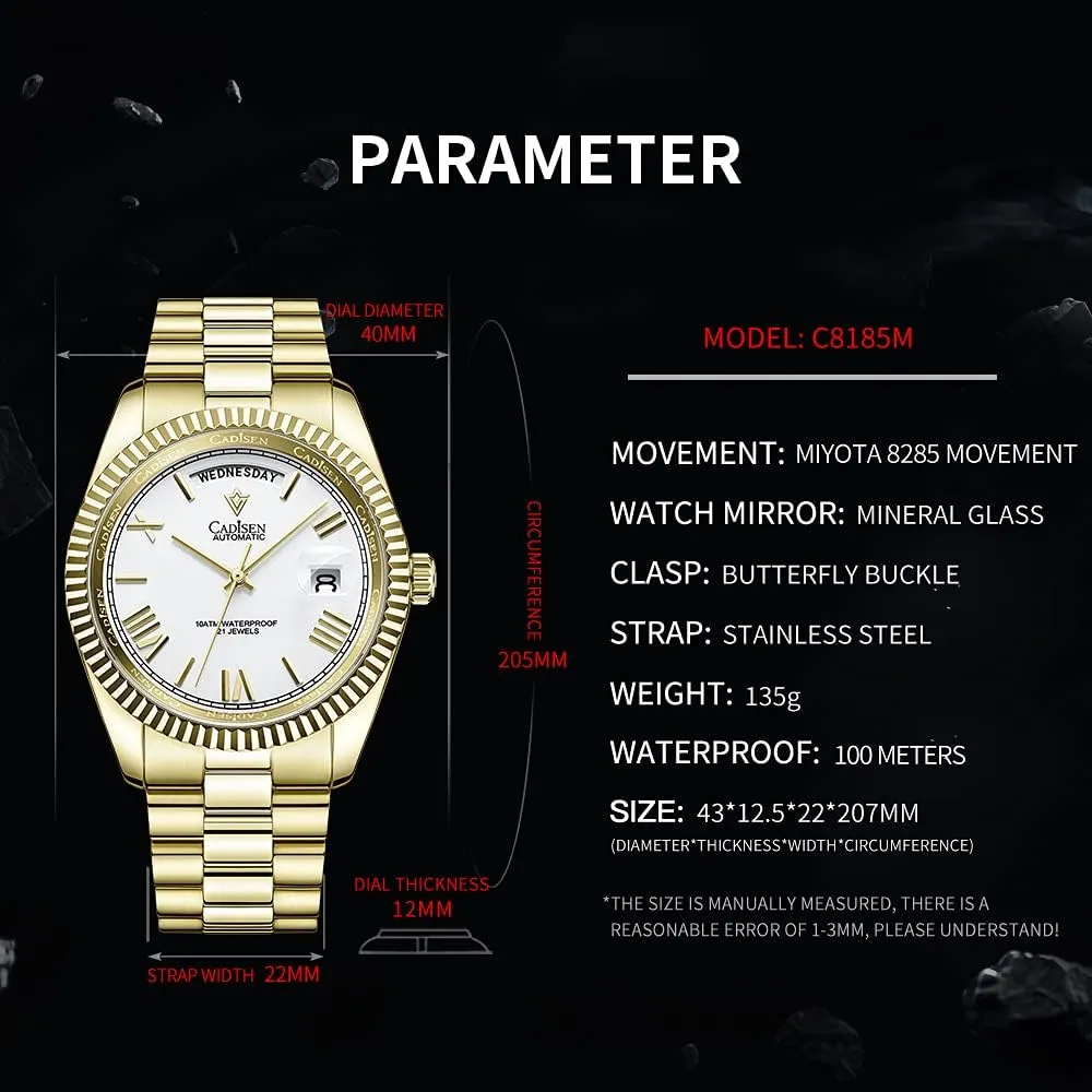 Movement Mens Wristwatch CADISEN Men Automatic Mechanical Watch Business Waterproof periodical rayon MIYOTA 8285 