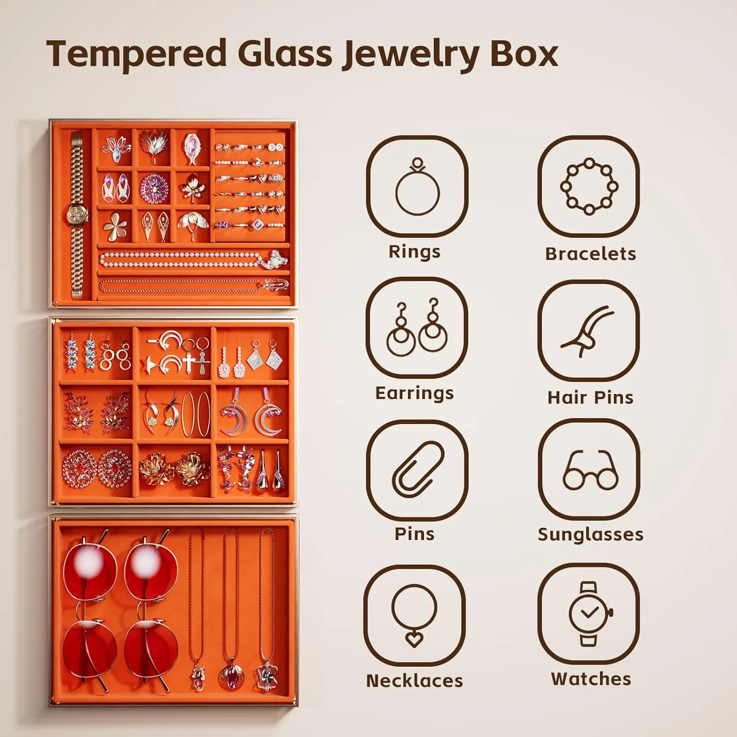 Necklaces, Bracelets, and Watches. lizard choreography Jewelry Box,3-Tier Large Glass Jewelry Organizer with Velvet Lining and Copper Handles - Ideal for Rings, Earrings, 