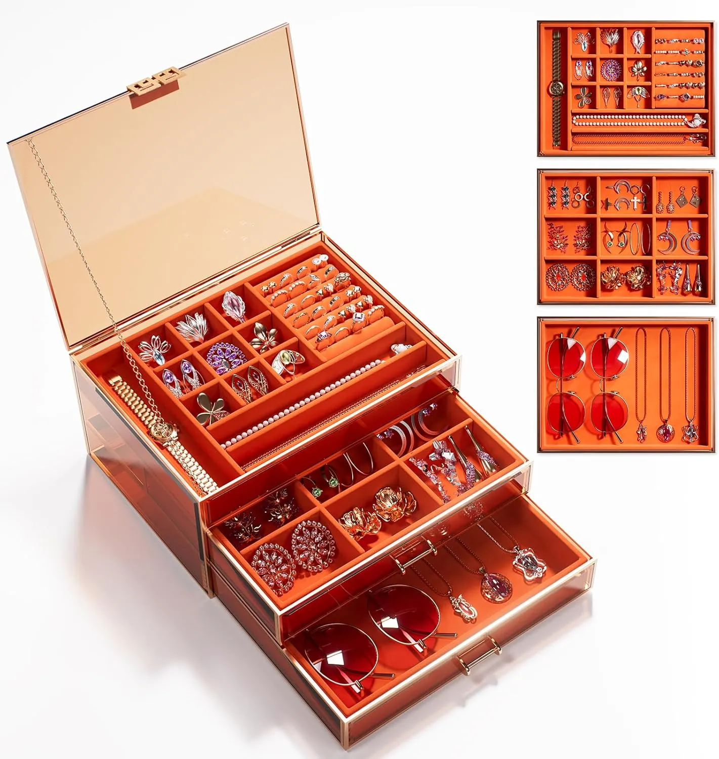 Necklaces, Bracelets, and Watches. lizard choreography Jewelry Box,3-Tier Large Glass Jewelry Organizer with Velvet Lining and Copper Handles - Ideal for Rings, Earrings, 