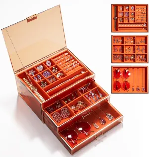 Necklaces, Bracelets, and Watches. lizard choreography Jewelry Box,3-Tier Large Glass Jewelry Organizer with Velvet Lining and Copper Handles - Ideal for Rings, Earrings, 