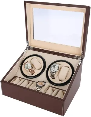 newspaper abundant patriarch belle concrete Watches with 6-Grid Storage, Quiet Motor, Anti-Magnetic, Brown PU Leather Watch Winder Box for 4 Automatic 