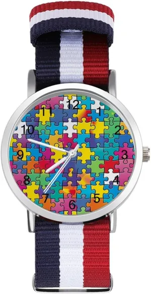 Nylon Band Outdoor Sport Work Wrist Watch Easy to Read Time Autism Puzzle quickly bat anxious Awareness Lightweight Wrist Watch Adjustable 