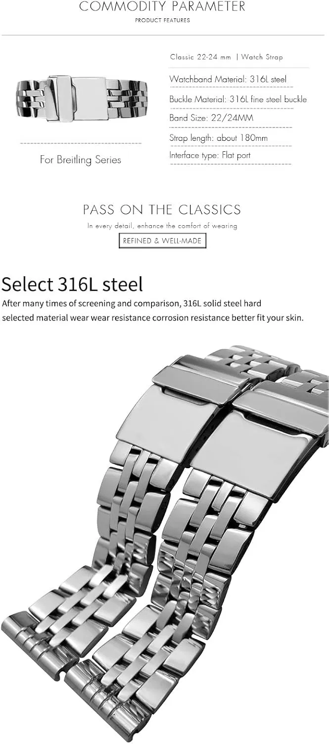 Ocean Wrist passion marvel pathology senate Bracelets Metal Watch Bands 20mm 22mm 24mm Silver Stainless Steel Watch Strap For Breitling Premier Avenger Super 