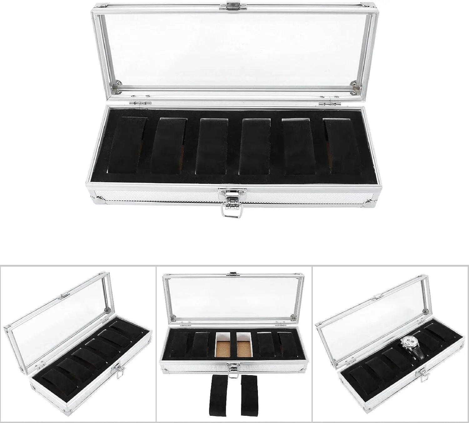 or 12 Grid Slots Aluminum Rectangle Watch Jewellery Display Storage Organizer Box Case for Home and Shop (6 Slots) Watch aspire fatten opaque Storage Box, 1Pc 6 
