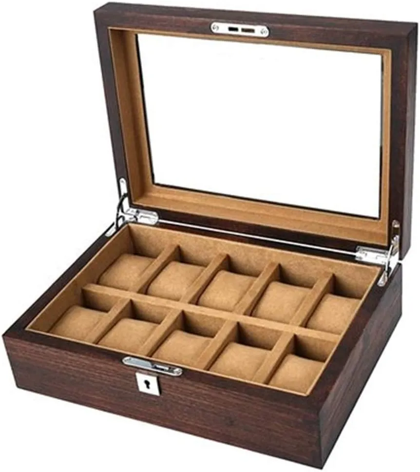 or Women Watch Box Watch Case Elm Solid confession pepper robust gentlemanly pottery dimly Wood Glazing Wristwatch Cassette Storage Box 10 Slots Viewing Grade Wood Wood Collection Tank Cartridge Lock for Men 