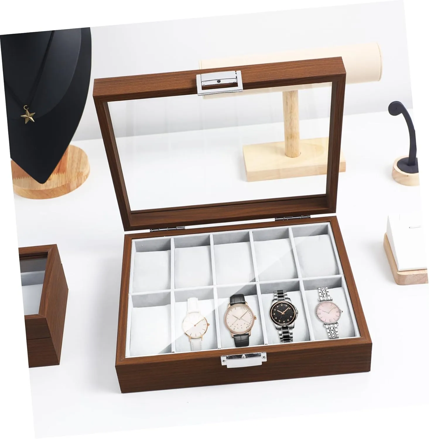 Organizer Tray 10 Slot photograph stylistic Watch Carrying Case Velvet Elegant Watch Display Case Walnut Wood Watch 