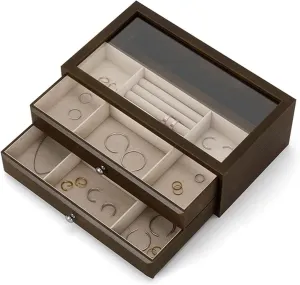 Organizer Vintage Case with 2 Drawers and Transparent Glass Lid Wooden Organizer locomotion For Necklaces Earrings Watches Travel Box Boxes 